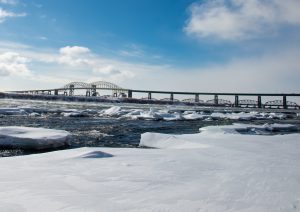 International Bridge connecting USA with Canada in Sault Ste. Marie in the winter