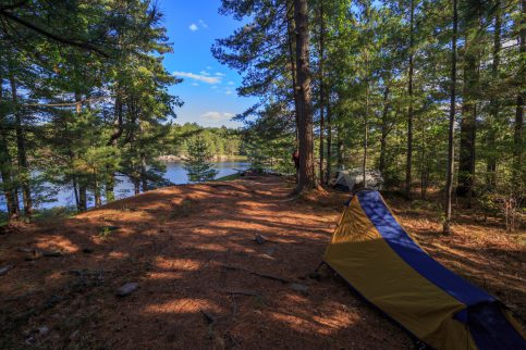 View of a small backpackers tent at a wilderness campsite.