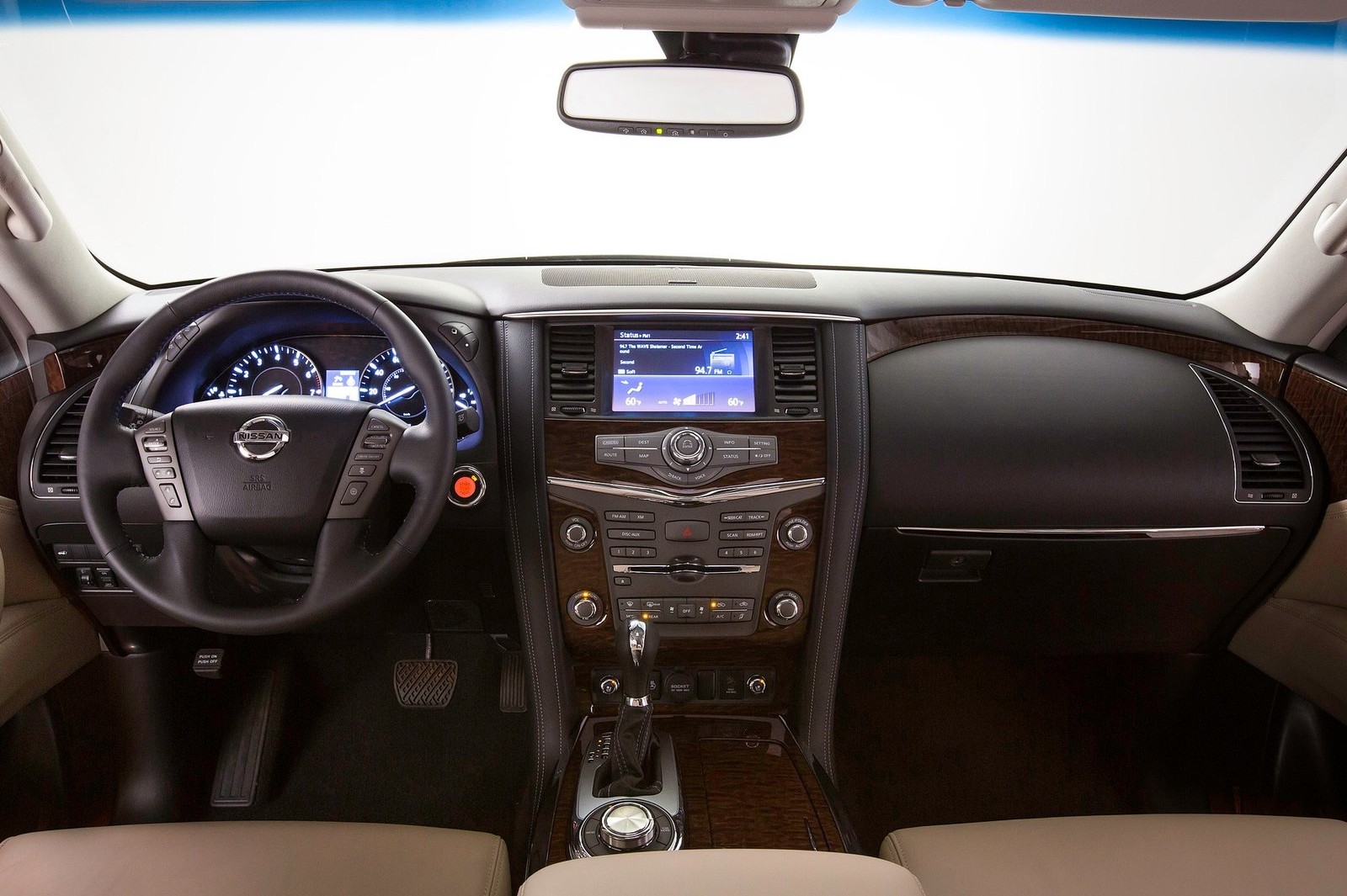 The dash of the 2012 Nissan Armada with the dash lights on.