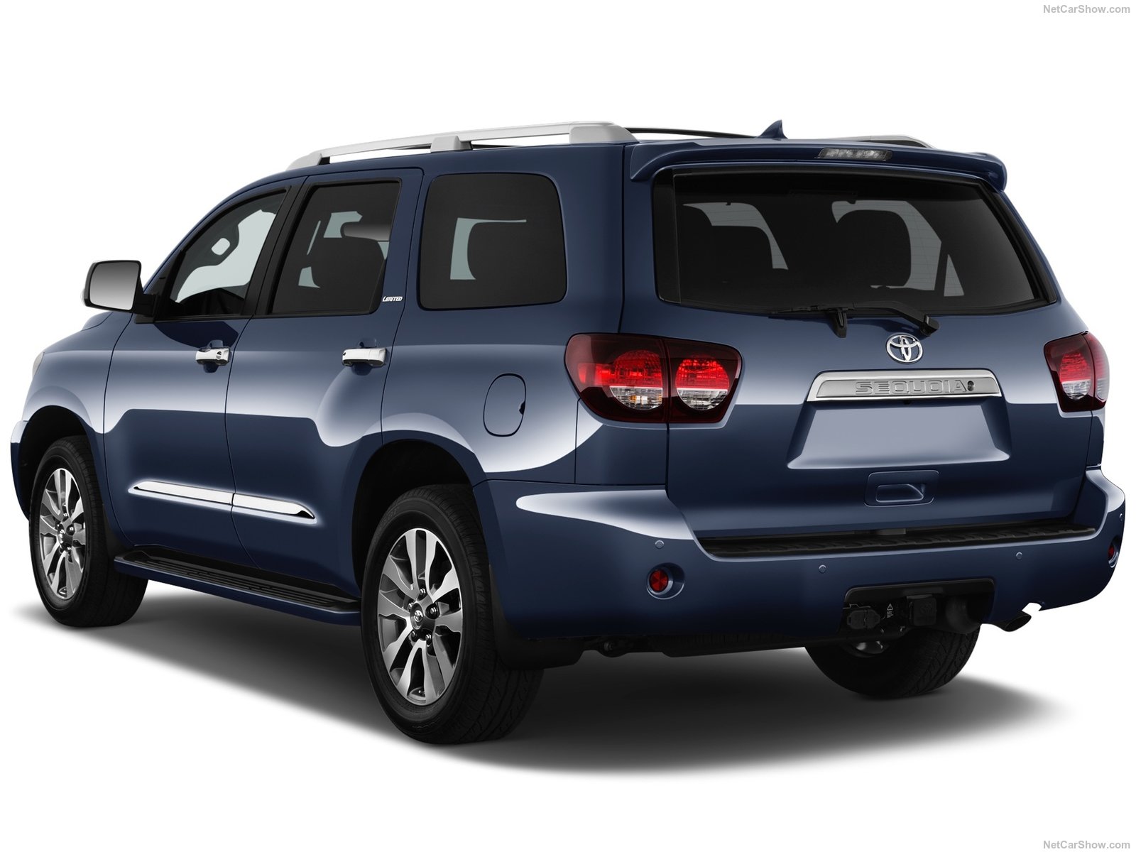 The rear quarter view of a blue 2022 Toyota Sequoia.