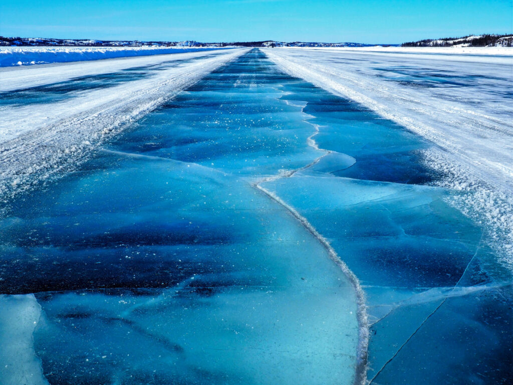 Crossing Frozen Cracked Blue Dettah Ice Road